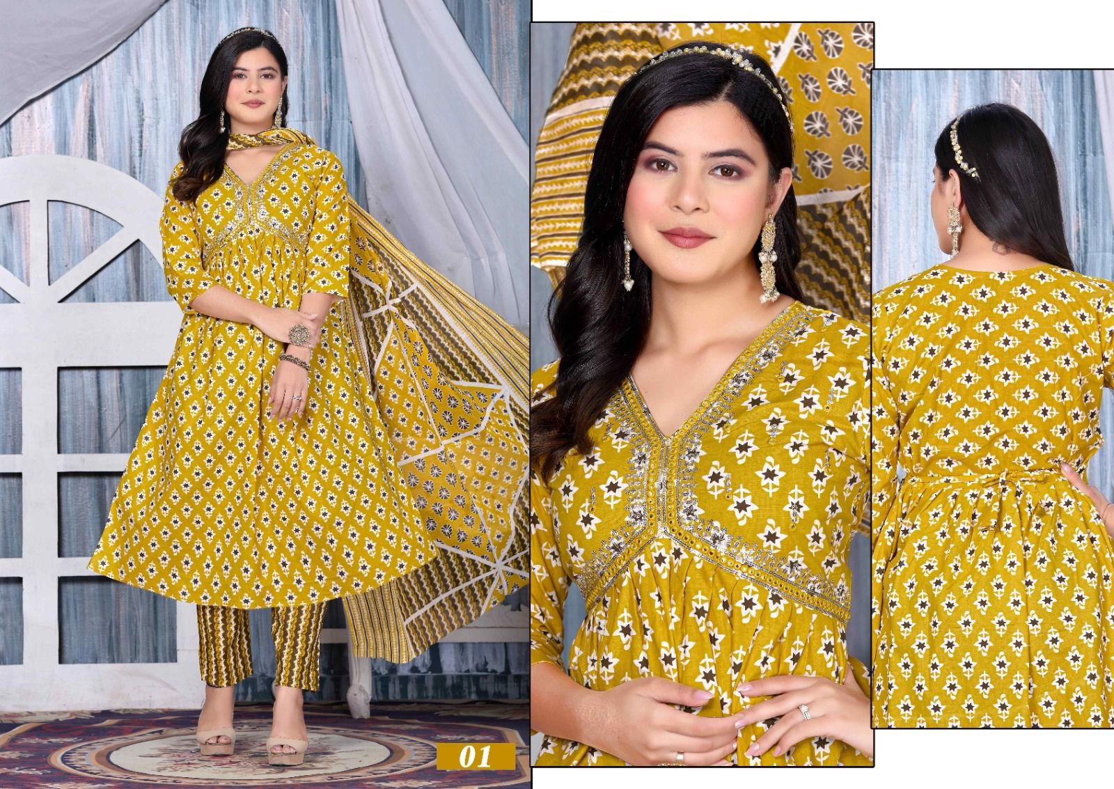 Golden So Stunning Cotton Printed Alia Cut Kurti With Bottom Dupatta Catalog
